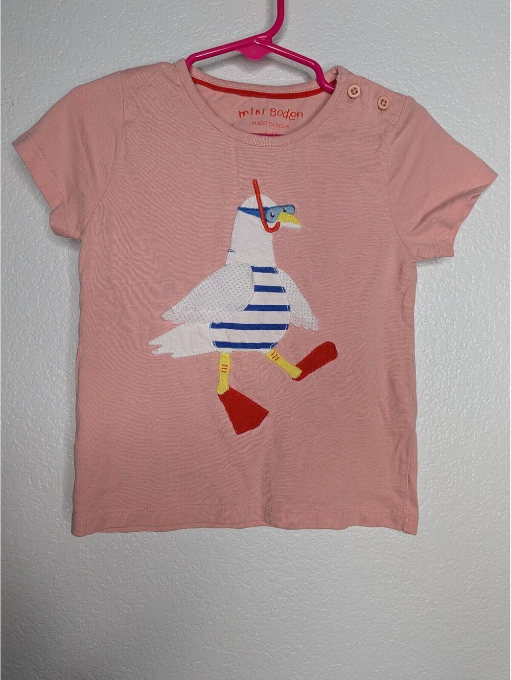 Mini Boden Girls Pink Seagull Applique T-Shirt Top Size 2-3Y